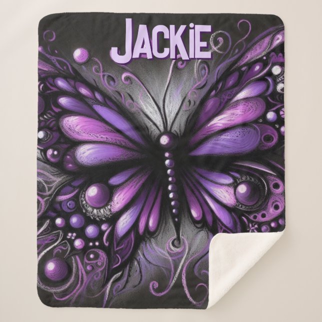 Cobertor Sherpa Whimsical Gothic Butterfly Purple Personalized (Frente)