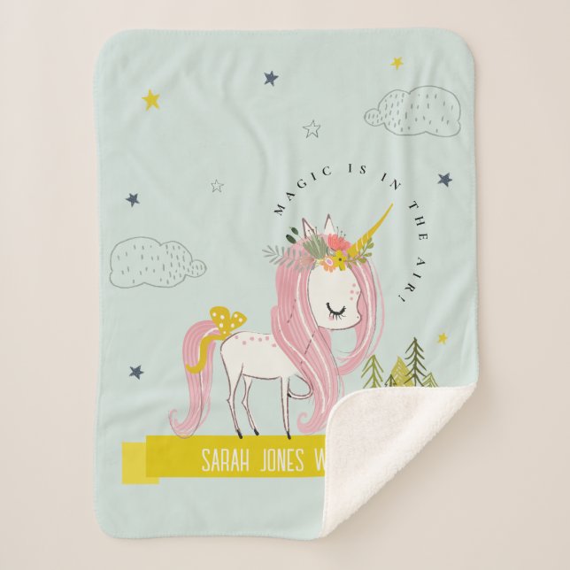 Cobertor Sherpa Whimsical Magical Unicorn Rosa Aqua Teal Princess (Frente)