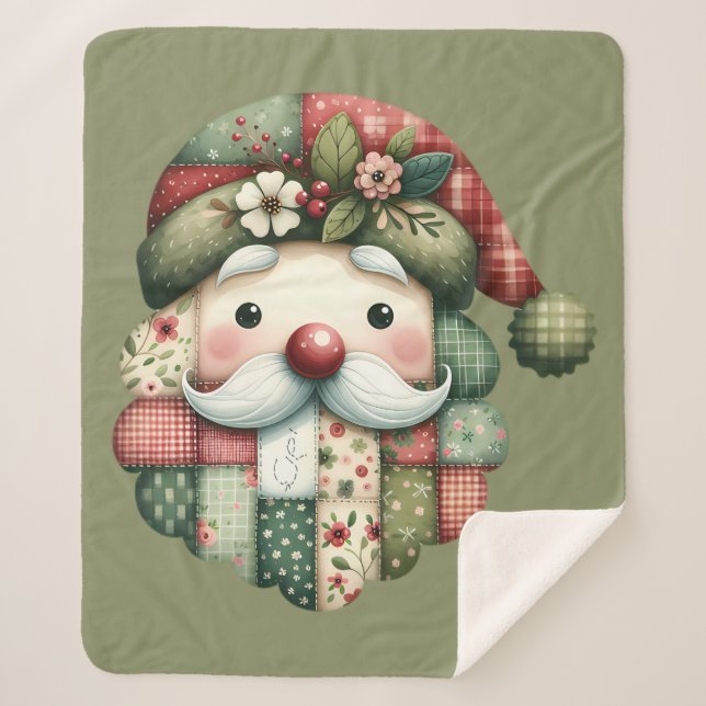 Cobertor Sherpa Whimsical Patchwork Santa Folk Christmas (Frente)