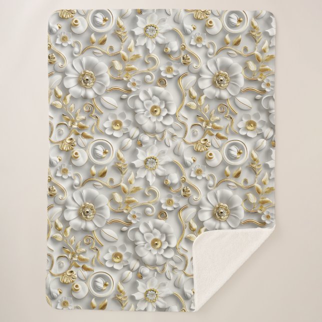 Cobertor Sherpa White Floral com Folhas Douradas (Frente)