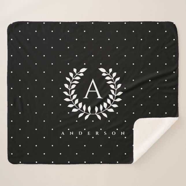 Cobertor Sherpa White On Black Laurel Monogram Polka Dot Pattern (Frente (Horizontal))