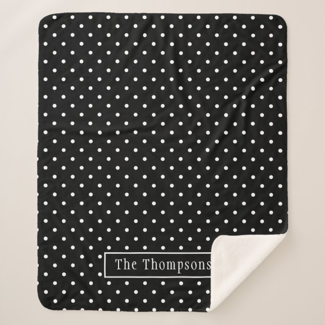 Cobertor Sherpa White On Black Polka Dots Pattern With Custom Name (Frente)