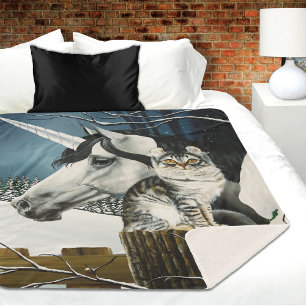 Cobertor Sherpa White Unicorn Tabby Cat Fantasy