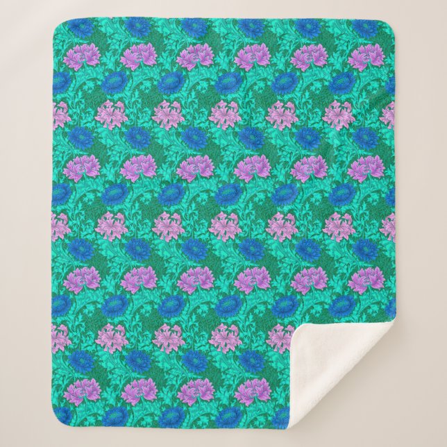 Cobertor Sherpa William Morris Chrysanthemums, Aqua e Violet (Frente)