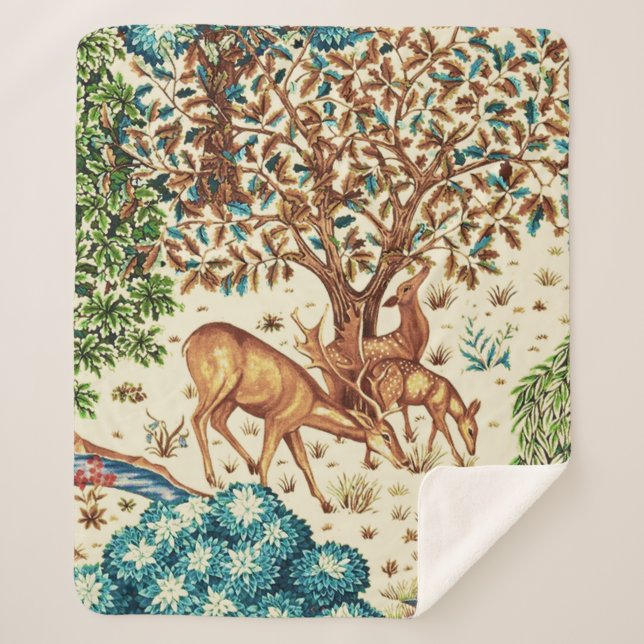Cobertor Sherpa William Morris Deer, de uma Beige da Tapeçaria (Frente)