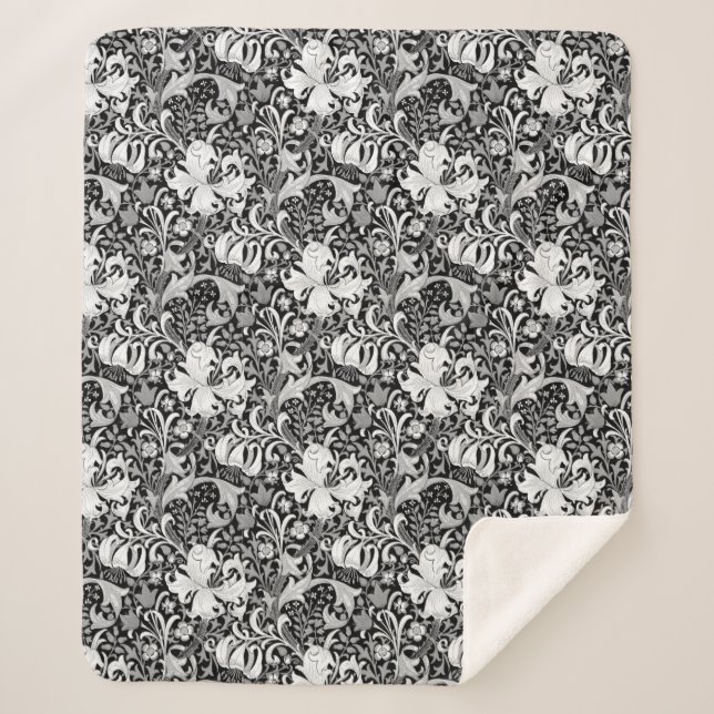 Cobertor Sherpa William Morris Iris e Lily, Preto e Branco (Frente)