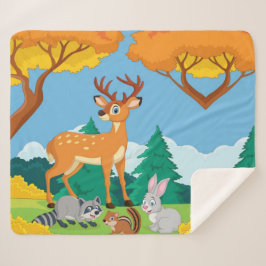 Cobertor Sherpa Willife Raccoon Chipmunk Rabbit Deer Fall Landsca