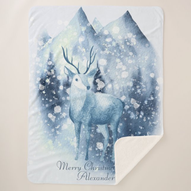 Cobertor Sherpa Winter Deer Snowy Mountain Christmas (Frente)
