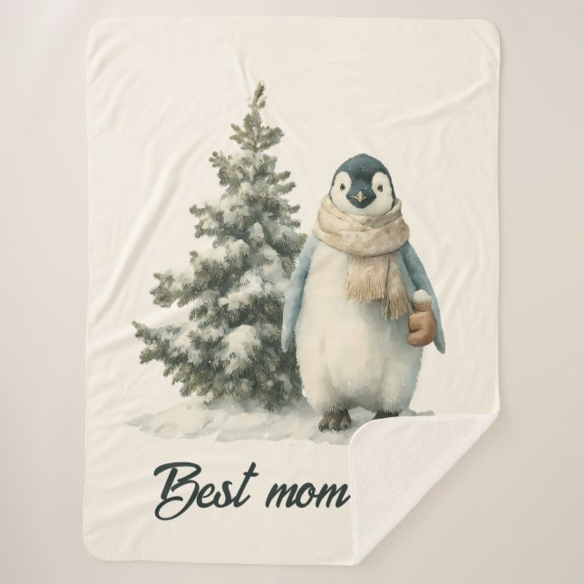 Cobertor Sherpa Winter Penguin “Best Mom Ever” Design (Frente)