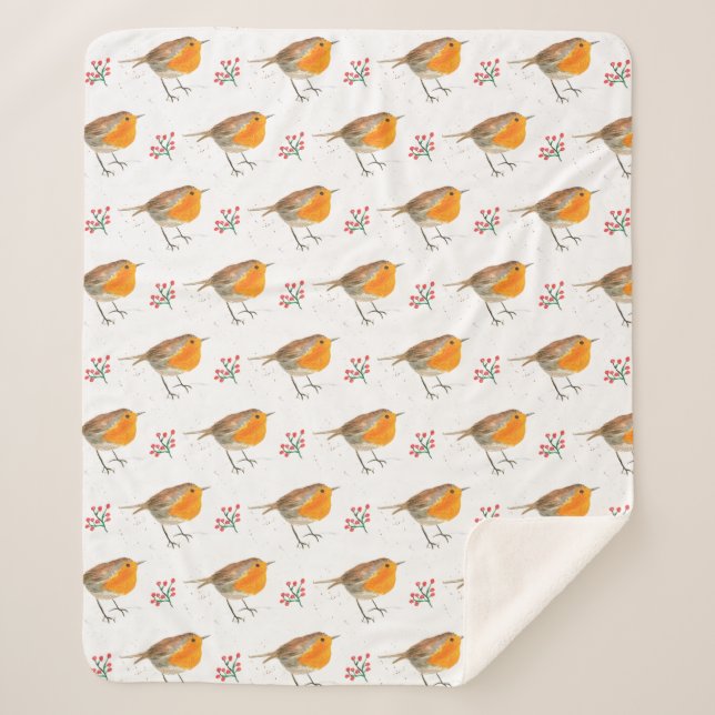 Cobertor Sherpa Winter Robin Bird Pattern Watercolor Natal (Frente)