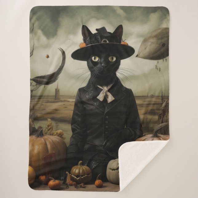Cobertor Sherpa Witch Cat with Pumpkins  (Frente)