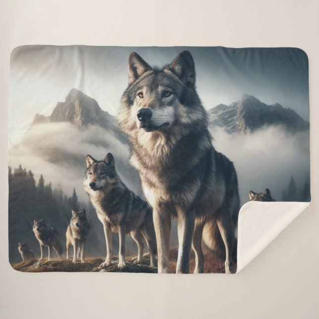Cobertor Sherpa Wolf Pack em Montanhas (Frente (Horizontal))