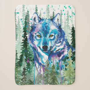 Cobertor Sherpa Wolf Sherpa Blanket Lobo Colorido de Aquarela