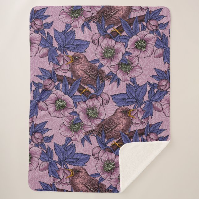 Cobertor Sherpa Wren e hellebore, rosa e violeta (Frente)