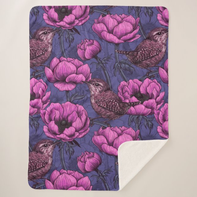 Cobertor Sherpa Wrens no jardim de anêmonas (Frente)