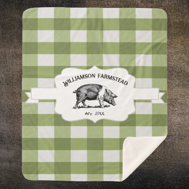 Cobertor Sherpa Xadrez de Buffalo Verde Pig Sherpa Blanket (Green Buffalo Plaid Farm Pig Personalized Sherpa Blanket)
