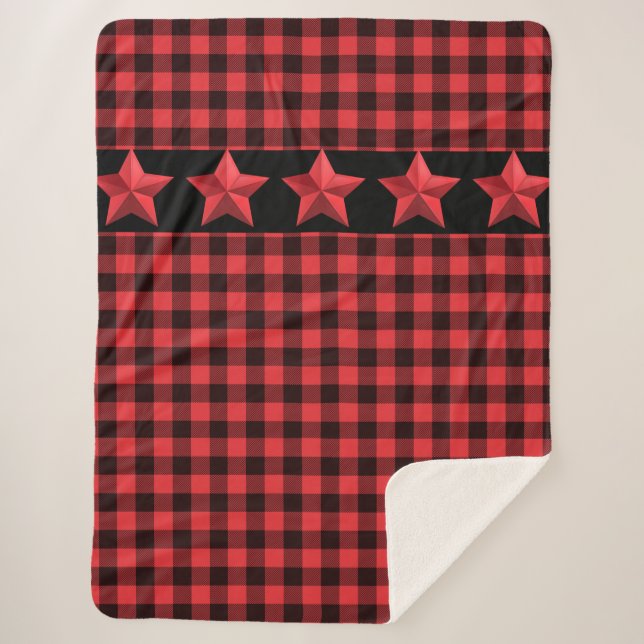 Cobertor Sherpa Xadrez de Buffalo Vermelho e Negro com Estrelas Ve (Frente)