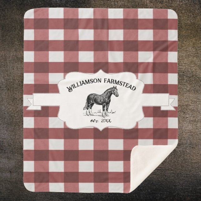 Cobertor Sherpa Xadrez de Buffalo Vermelho Fazenda Cavalo Sherpa B (Red Buffalo Plaid Farm Horse Personalized Sherpa Blanket)