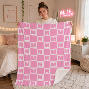 Cobertor Sherpa Xadrez de Monograma Rosa na Moda Inicial