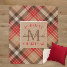 Cobertor Sherpa Xadrez de Natal Rustic Tan Red Tartan Monograma