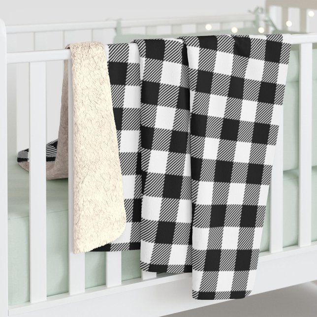 Cobertor Sherpa Xadrez Gingham Black White Birday (Criador carregado)