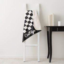 Cobertor Sherpa Xadrez Preto e Branco Retro Moderno Personalizável