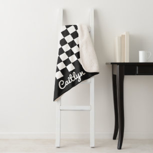 Cobertor Sherpa Xadrez Preto e Branco Retro Moderno Personalizável