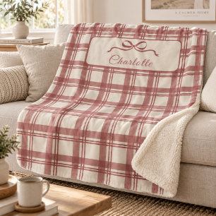 Cobertor Sherpa Xadrez Tartan Creme Laço Vermelho Empoeirado Natal