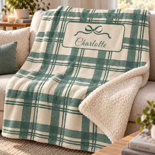 Cobertor Sherpa Xadrez Tartan Verde Sálvia Creme Laço Natal