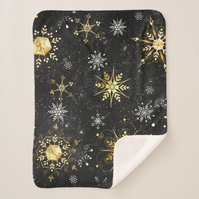 Cobertor Sherpa Xmas Golden Snowflakes on Black Background (Frente)