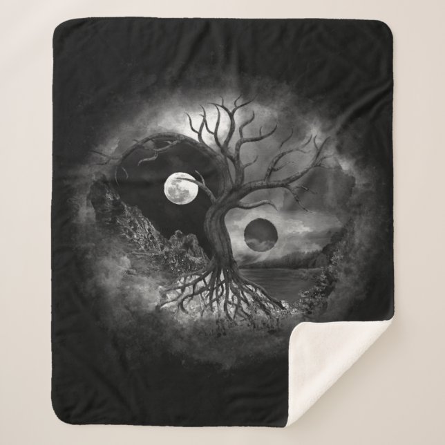 Cobertor Sherpa Yin Yang Tree Landscape Black and White (Frente)