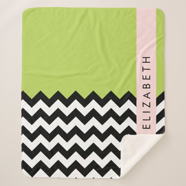 Cobertor Sherpa Zigzag preto-e-branco, Chevron, verde, seu nome (Frente)