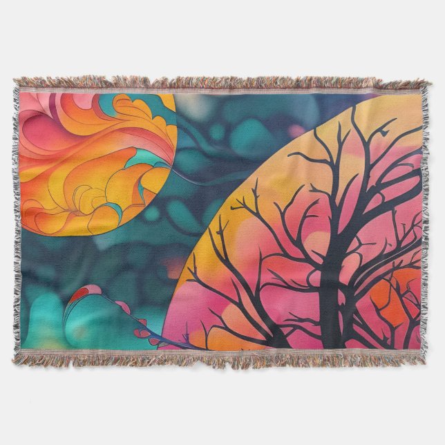 Cobertor silhueta de árvore de lua cheia rosa e dourada (Frente)