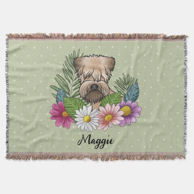 Cobertor Soft-Coated Wheaten Terrier Com Flores E Nome (Frente)