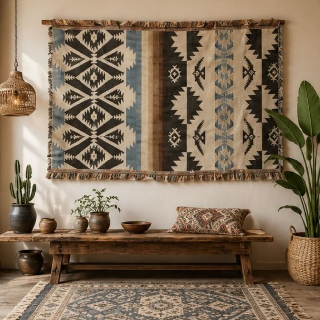 Cobertor Southwestern Aztec Geometric Pattern in Black (Criador carregado)