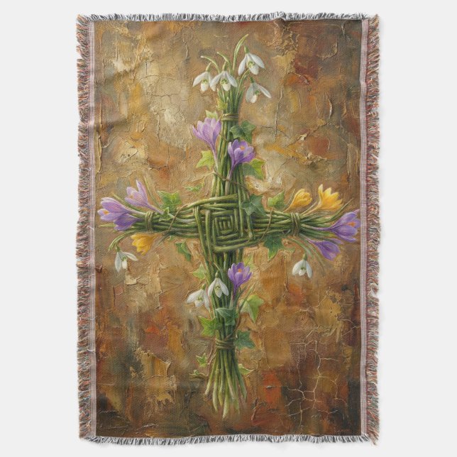 Cobertor St Brigid Cross Green Rushes Crocus Imbolc Art (Frente Vertical)