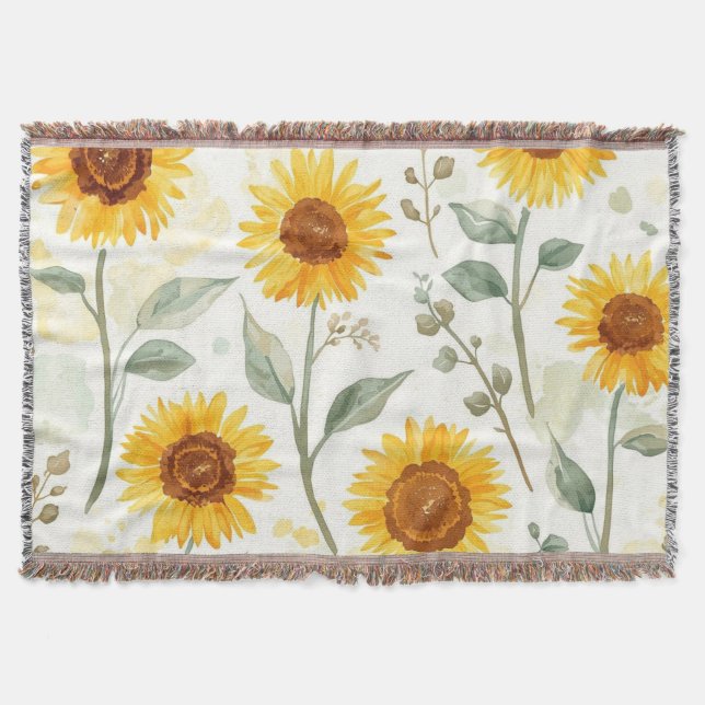 Cobertor Sunflower Field Watercolor Painting Floral Yellow (Frente)