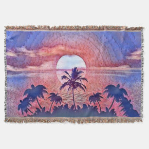 Cobertor Sunset Colorido na Pintura em Aquarela de Praia