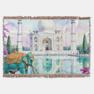 Cobertor Taj Mahal & Elefante Aquarela