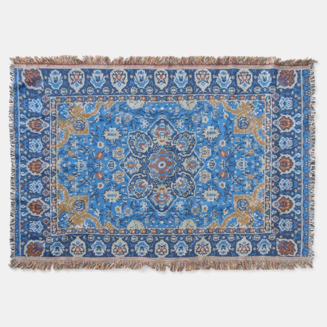 Cobertor Tapete persa turco azul oriental antigo (Frente)