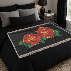 Cobertor Tatuagem Tradicional de Rosas Vermelhas em Negrito