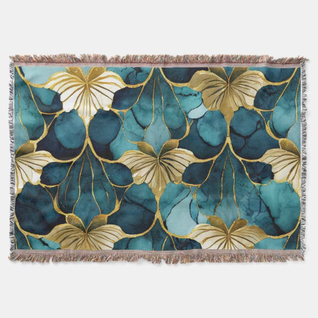 Cobertor Teal Floral Japonês Dourado (Frente)