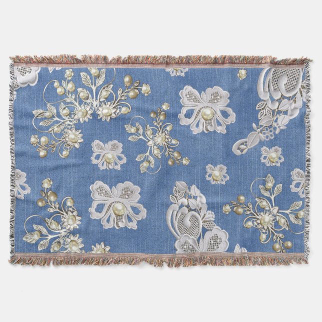 Cobertor Tecido de Jeans com Renda e Pérolas (Frente)