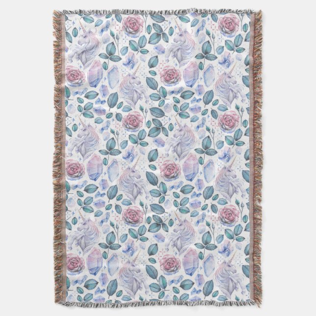 Cobertor Teste padrão dos cristais & dos rosas do unicórnio (Frente Vertical)