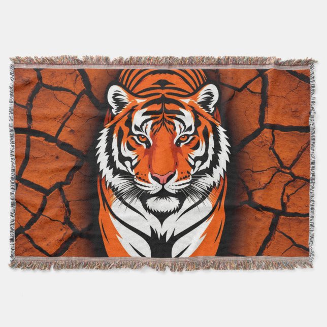 Cobertor Tigre Ousado em Fundo de Terra Rachada (Frente)
