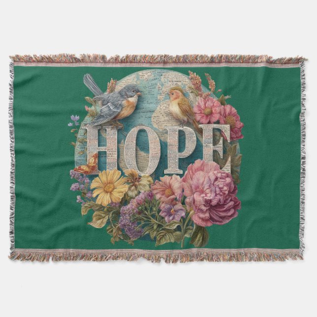 Cobertor Tipografia Floral Esperança com Aves e Botânica (Frente)