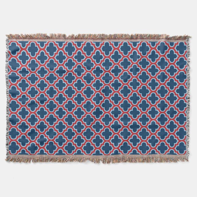 Cobertor Trellis, Latice, Quatrefoil, azul e vermelho marro (Frente)
