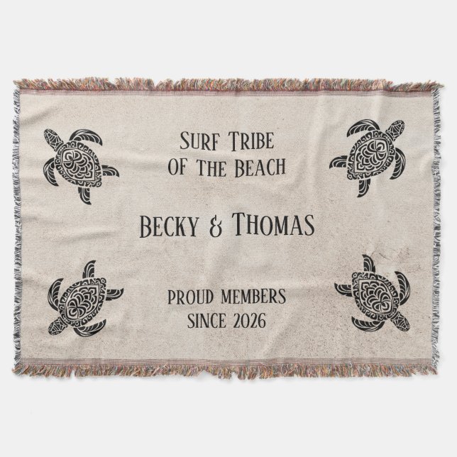 Cobertor Tribal Sea Turtles on Beach, Text and Couple (Frente)