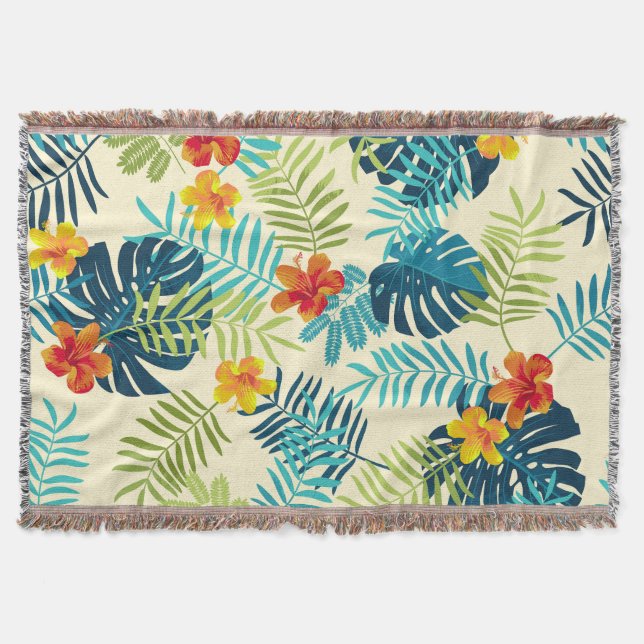 Cobertor Tropical Monstera Hibiscus — Padrão de Verão (Frente)