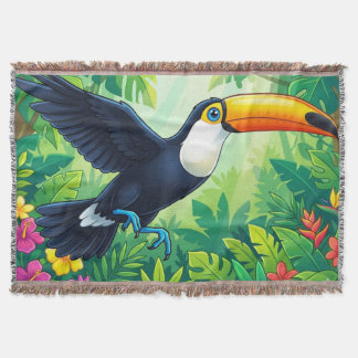 Cobertor Tropical Toco Toucan in Flight over Jungle Flowers